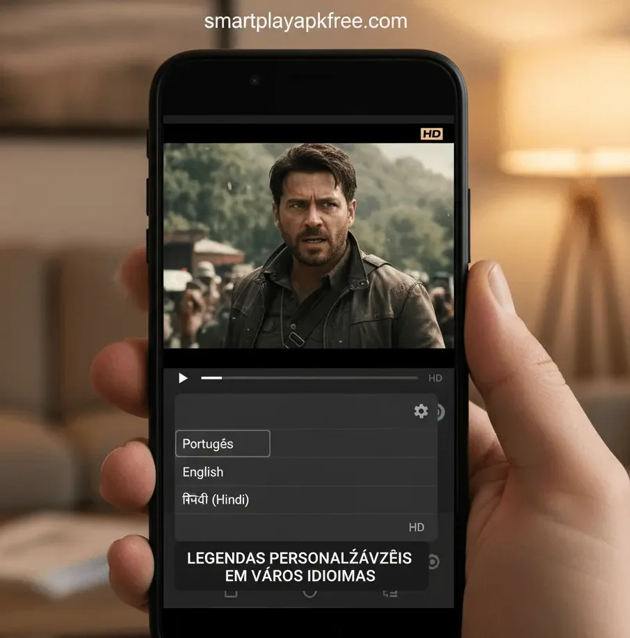 Top 10 Recursos Escondidos do Smart Play APK Que o Tornam Melhor que a Netflix 6 Tela do Smart Play APK mostrando opções de legendas personalizáveis em vários idiomas, incluindo português, inglês e hindi.